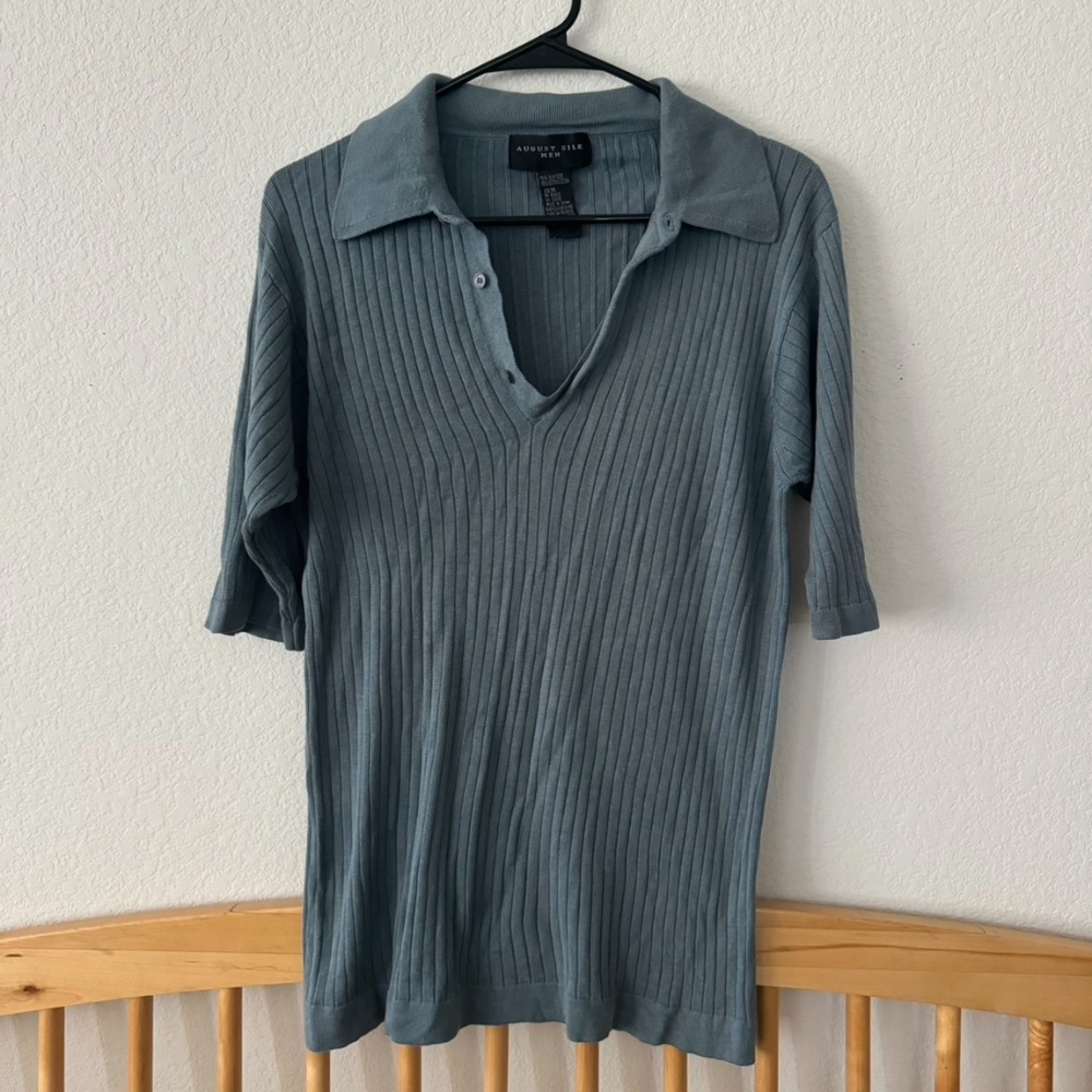 vintage august silk blue grey wide ribbed knit polo shirt